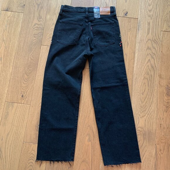 Levis Ribcage Straight Leg Embelliished Bejewelled High Rise Black Jeans Size 28 - Picture 4 of 15